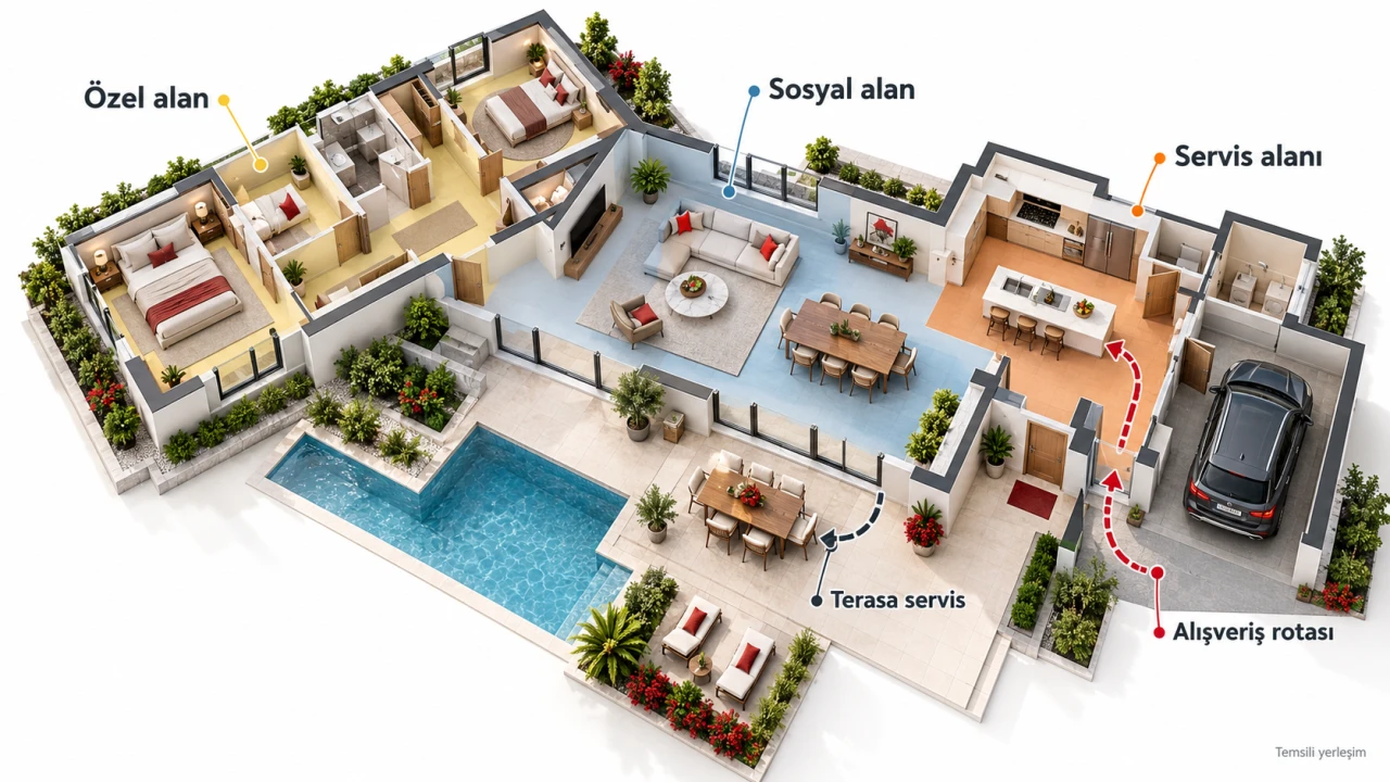 Villa planında oda ilişkileri ve günlük dolaşım